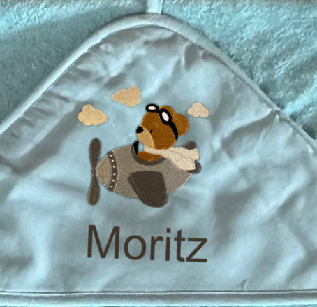 Baby-Handtuch Teddy im Flugzeug (personalisiert)