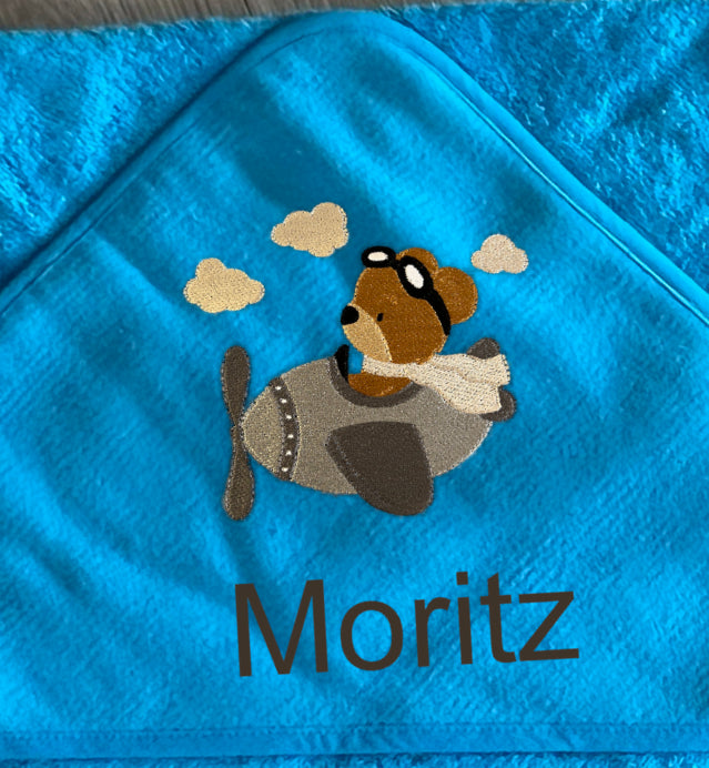 Baby-Handtuch Teddy im Flugzeug (personalisiert)